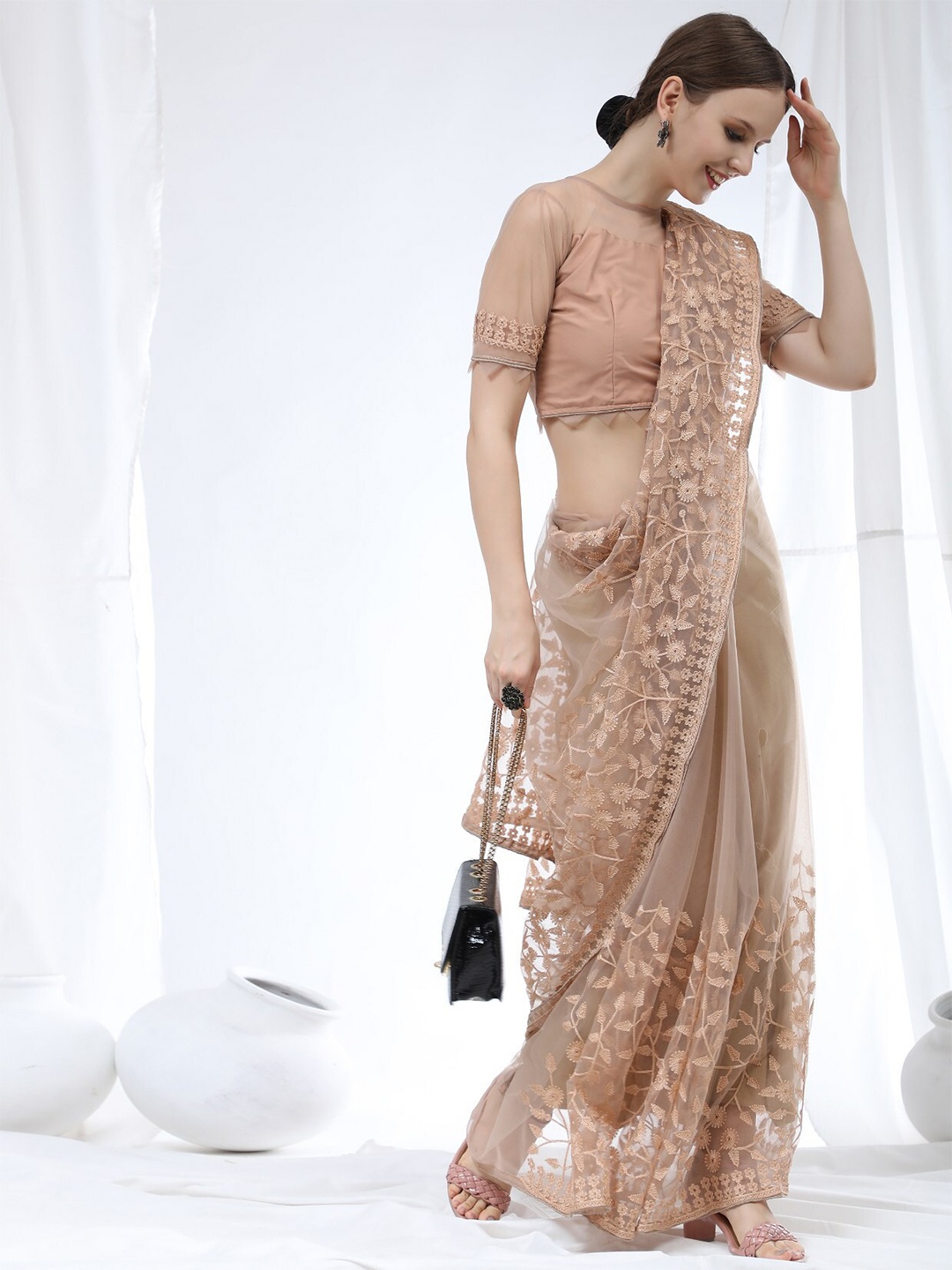 

ORUS Beige Floral Embroidered Net Heavy Work Saree With Blouse Piece