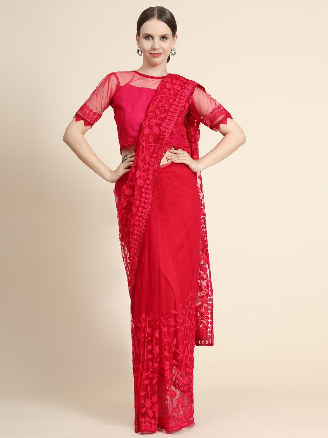 

ORUS Pink Floral Embroidered Net Heavy Work Saree With Blouse Piece