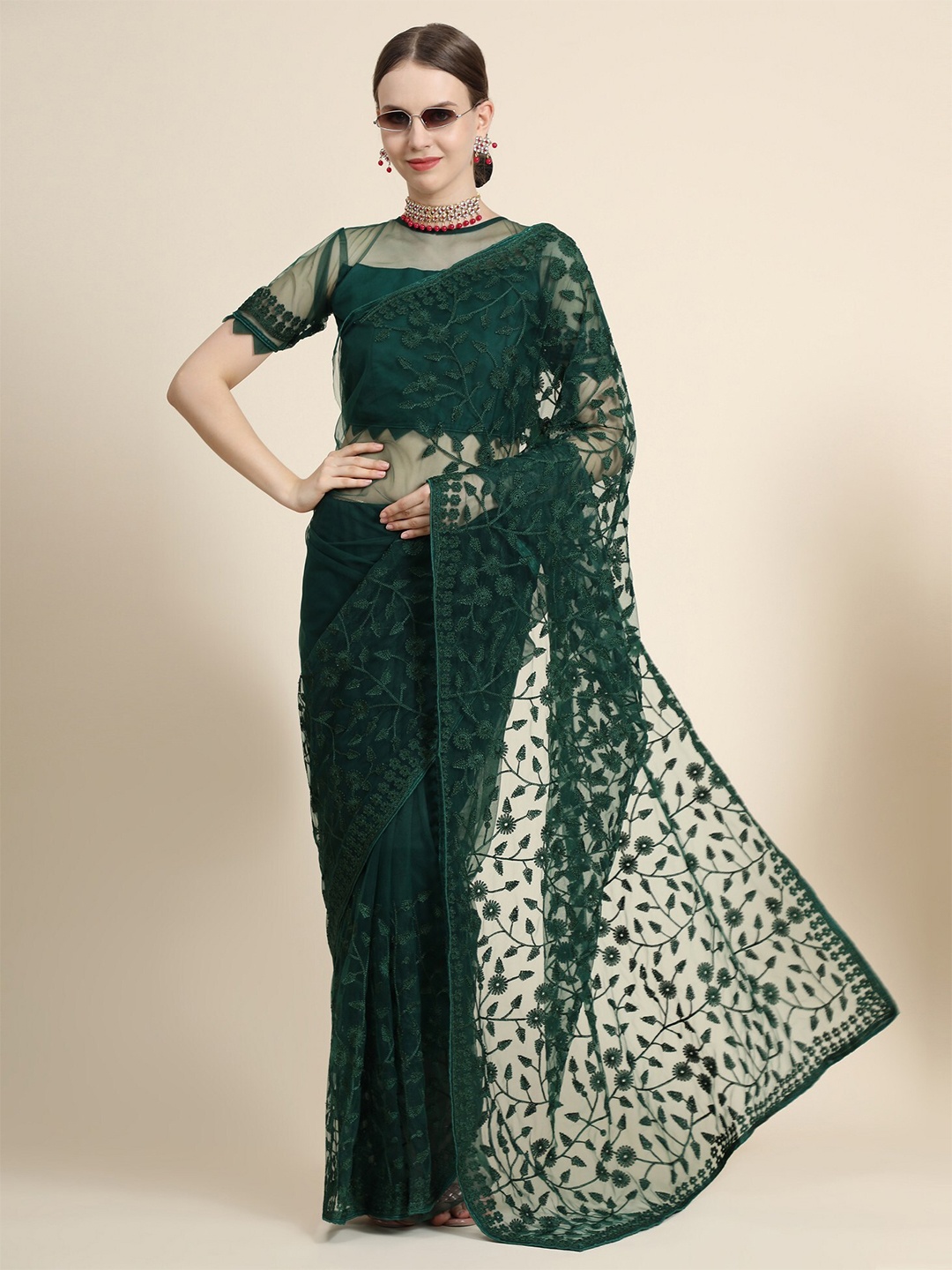 

ORUS Green Floral Embroidered Net Heavy Work Saree With Blouse Piece
