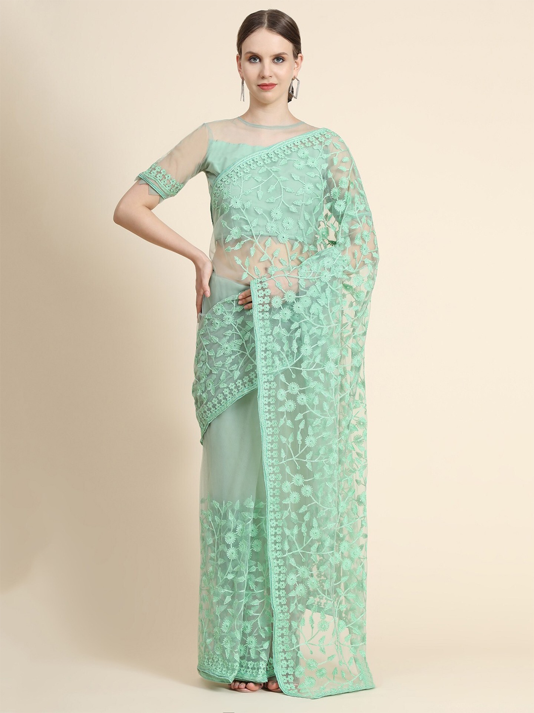 

ORUS Fluorescent Green Floral Embroidered Net Saree