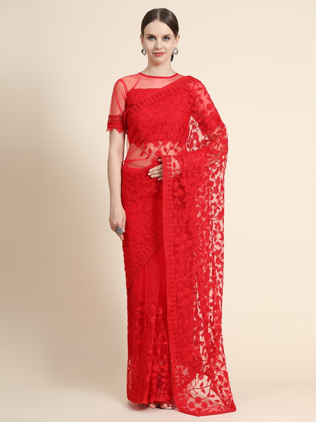 

ORUS Red Floral Embroidered Net Saree