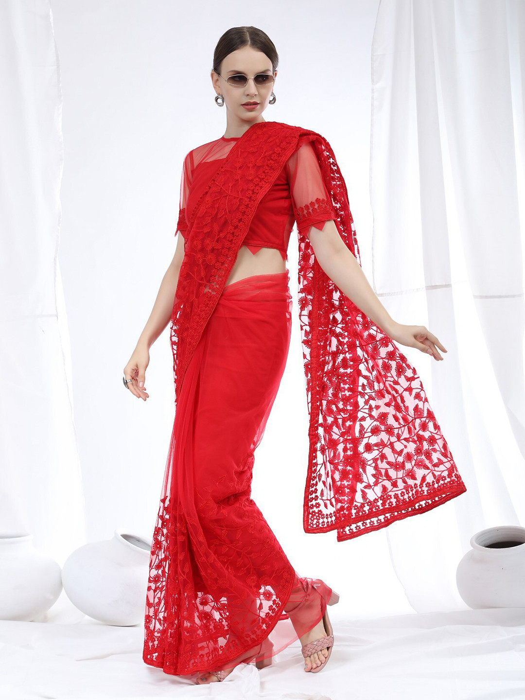 

ORUS Red Floral Embroidered Net Saree