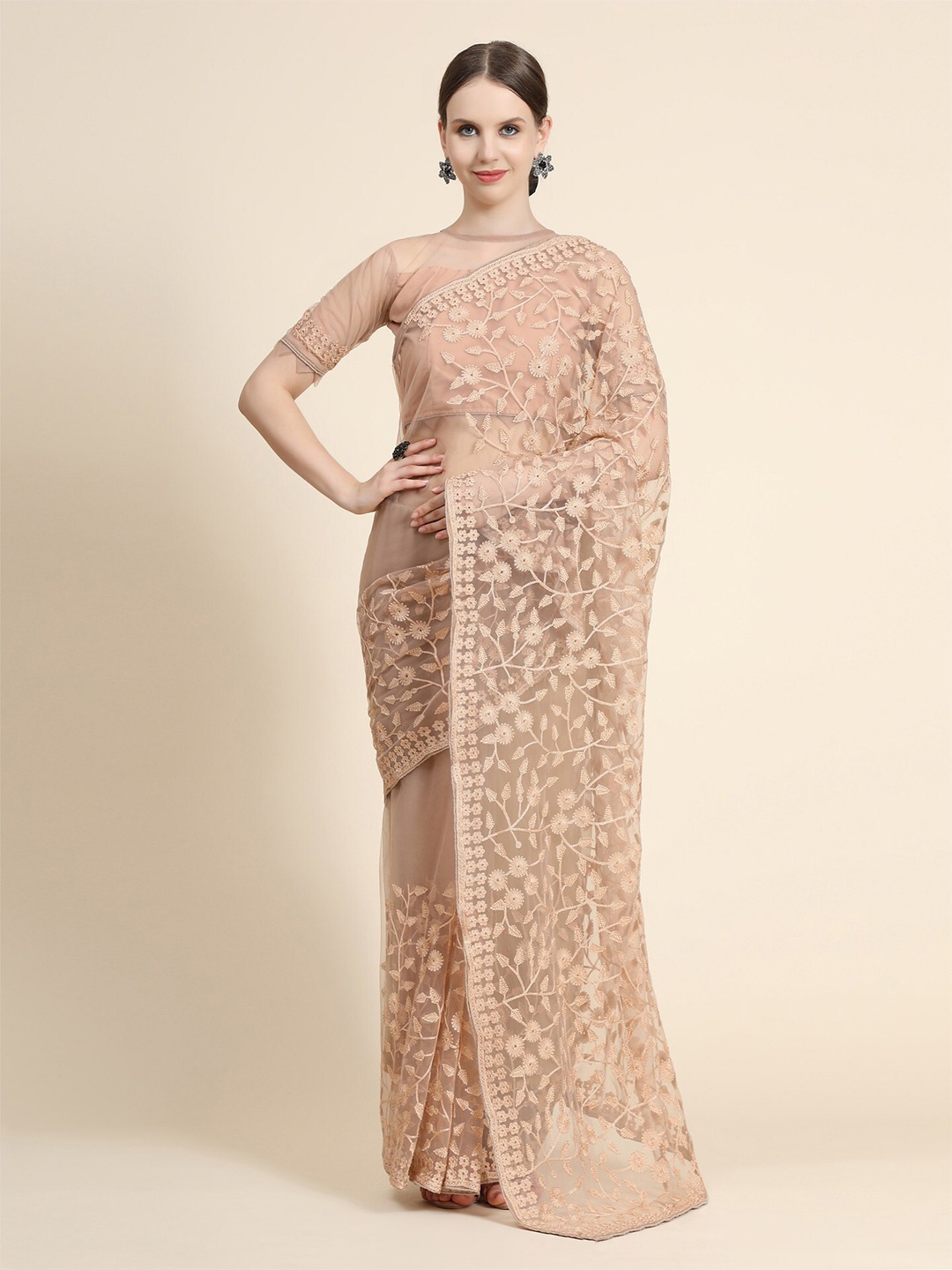 

ORUS Beige Floral Embroidered Net Saree