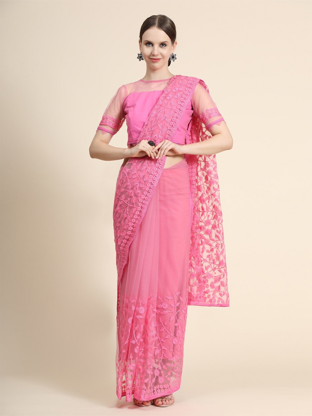 

ORUS Pink Floral Embroidered Net Saree