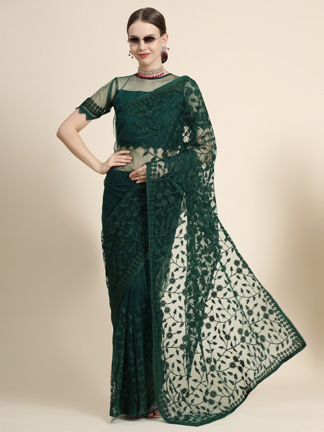 

ORUS Green Floral Embroidered Net Saree