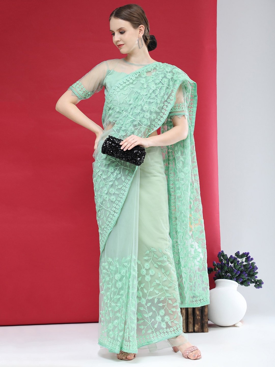 

ORUS Fluorescent Green Floral Embroidered Net Saree