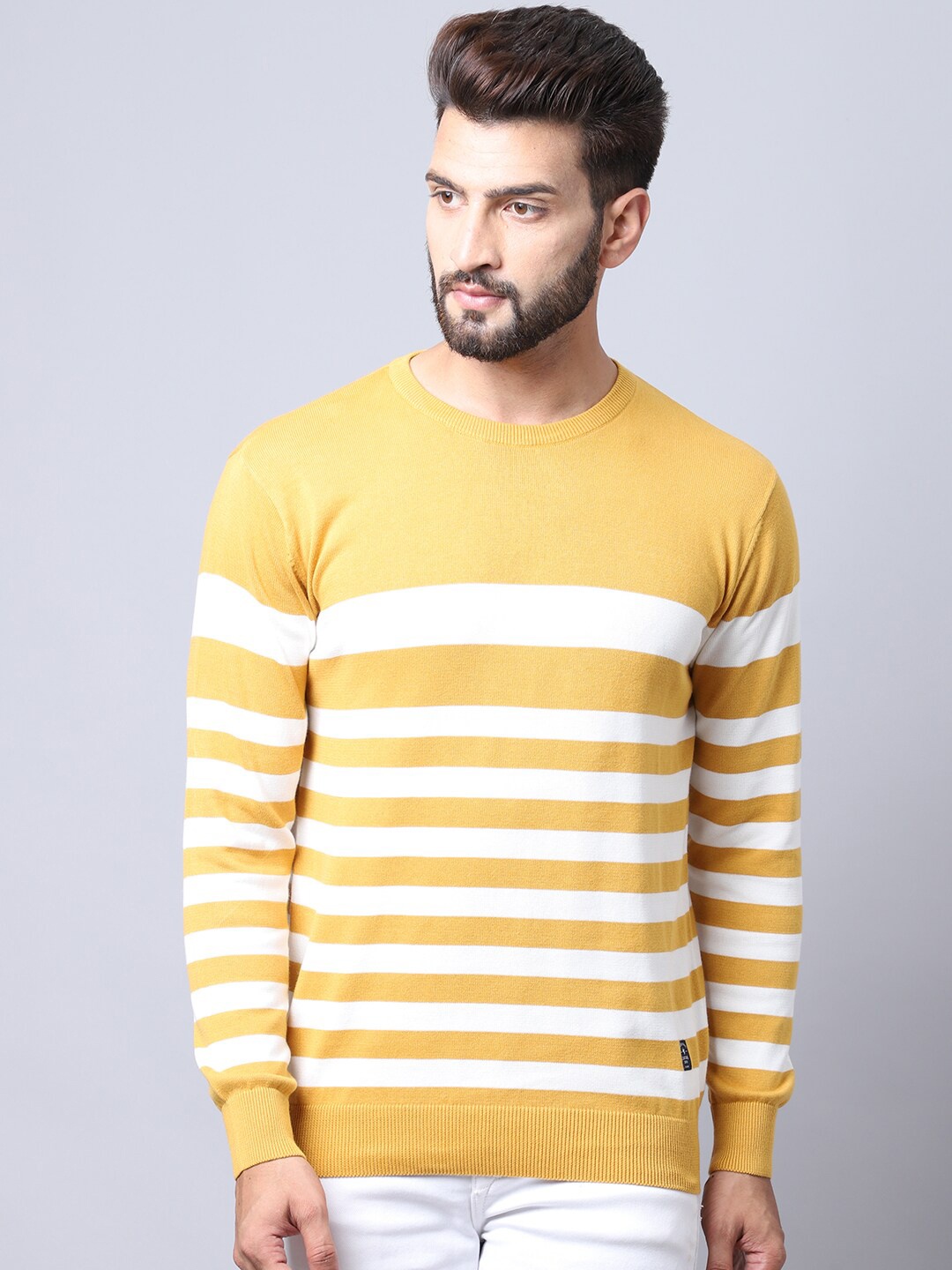 

Cantabil Men Mustard & White Striped Pullover