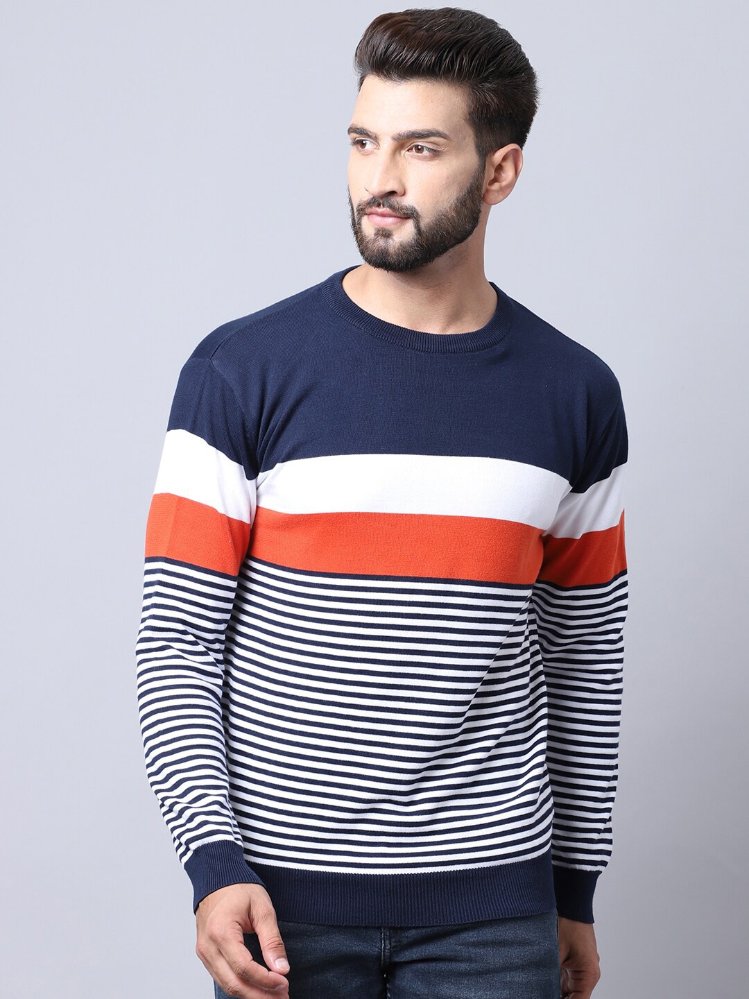 

Cantabil Men Navy Blue & White Striped Pullover