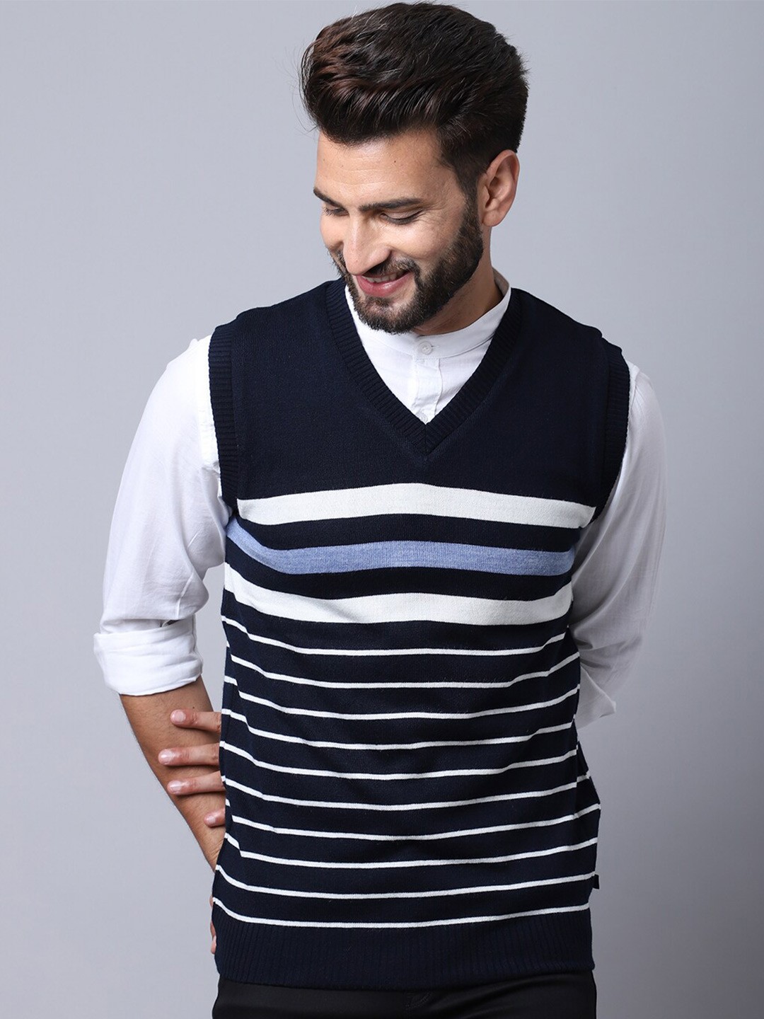 

Cantabil Men Navy Blue & White Striped Sweater Vest