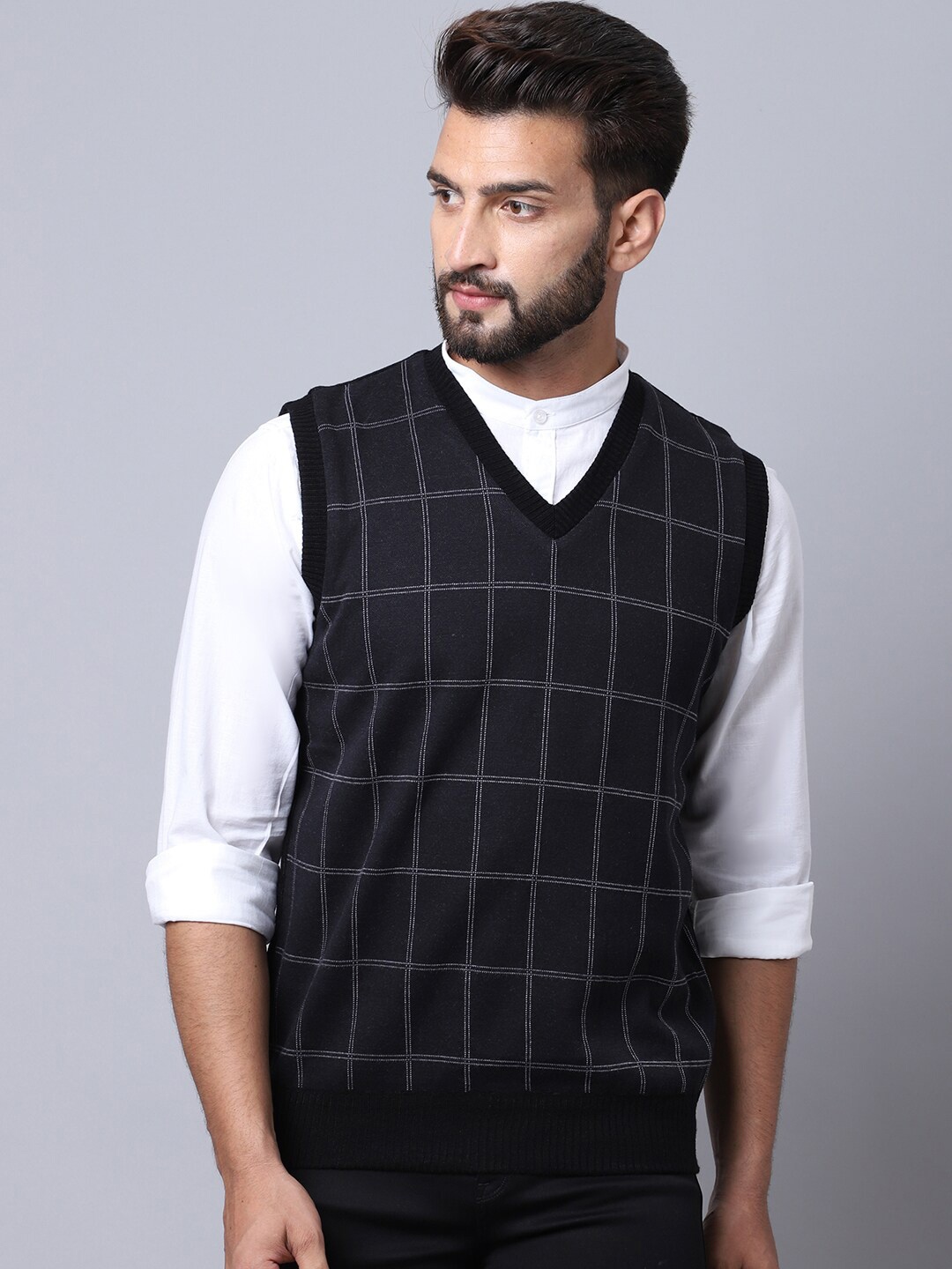 

Cantabil Men Black & Grey Checked Sweater Vest