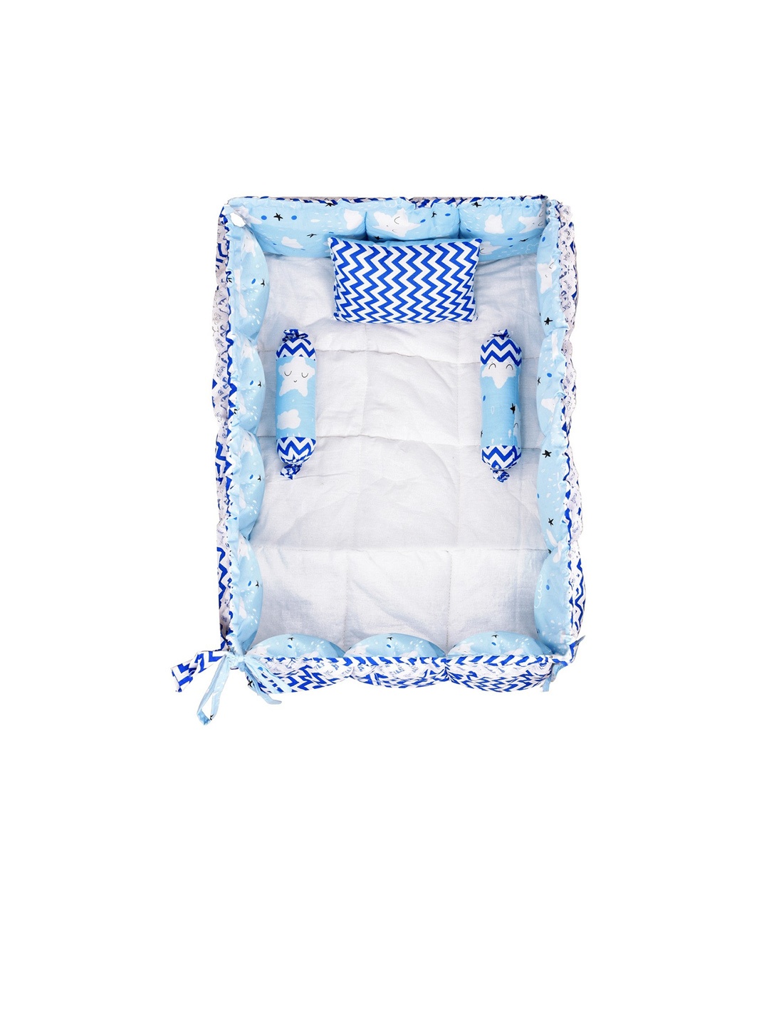 

LOREM Infant Kids Set Of 4 Blue & White Printed Reversible Pure Cotton Baby Bedding Set