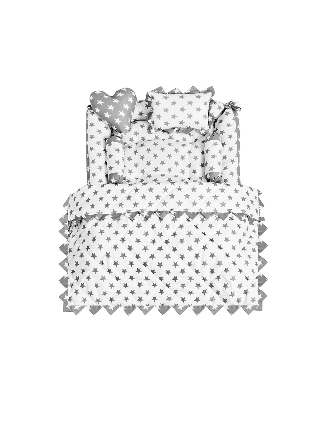 

LOREM Infant Set Of 6 Grey & White Printed Pure Cotton Reversible Baby Bed Set