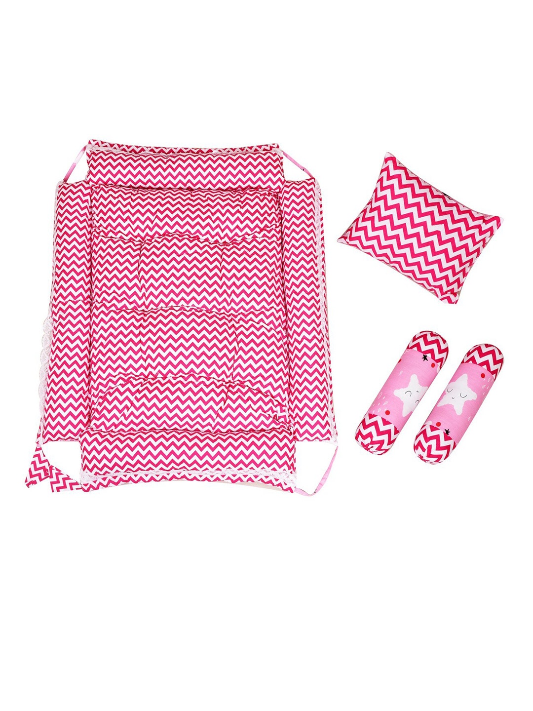 

LOREM Kids Set Of 4 Pink & White Printed Cotton Reversible Baby Bed Set