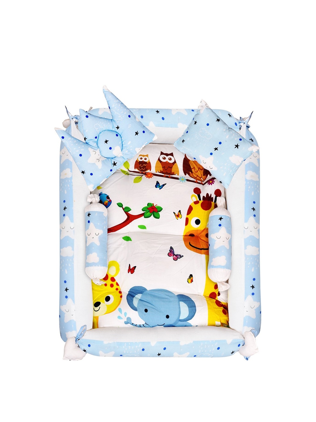

LOREM Infant Kids Set Of 5 Blue & White Printed Cotton Reversible Baby Bed Set