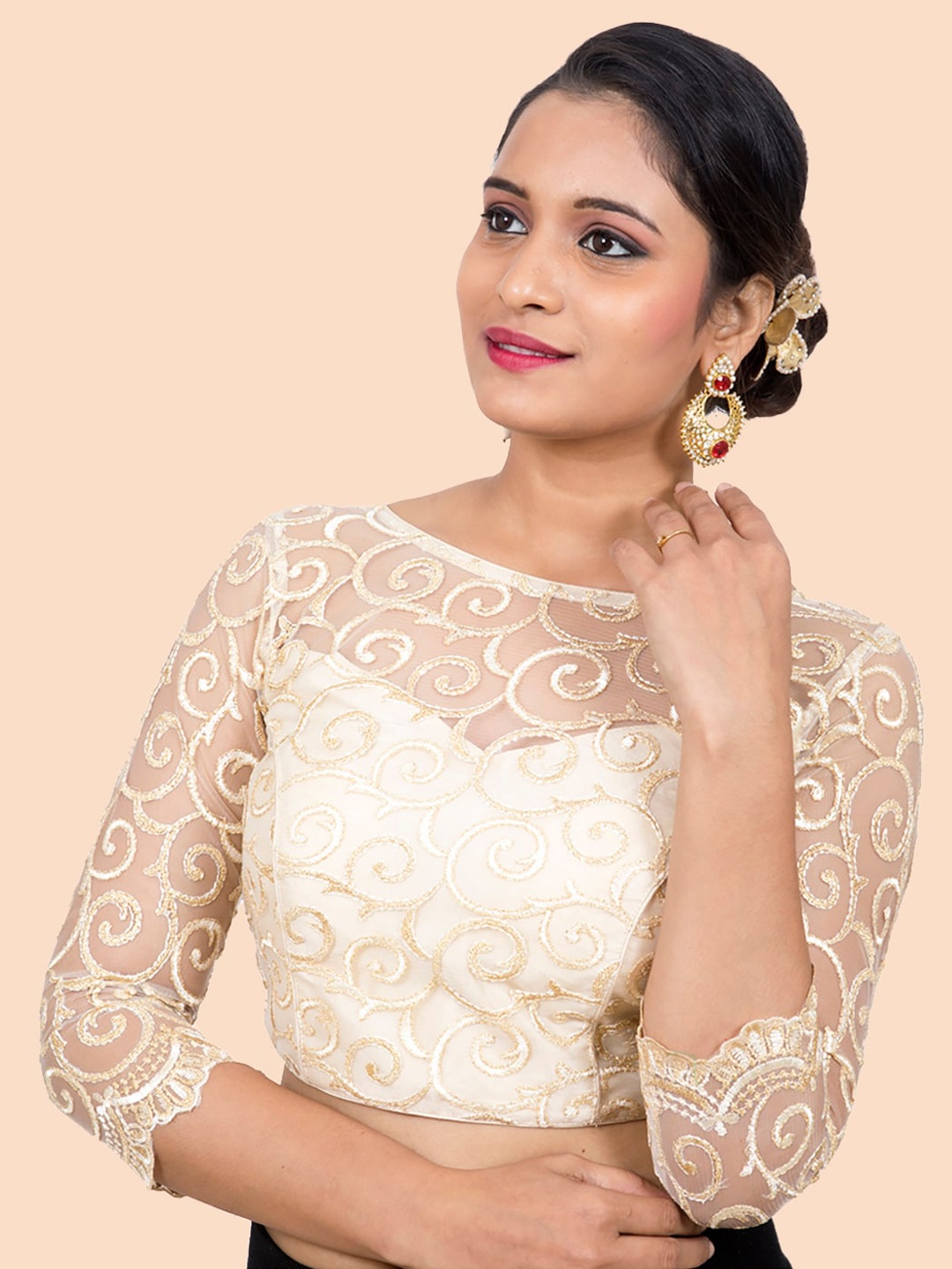 

neckbook Off White Embroidered Padded Readymade Saree Blouse