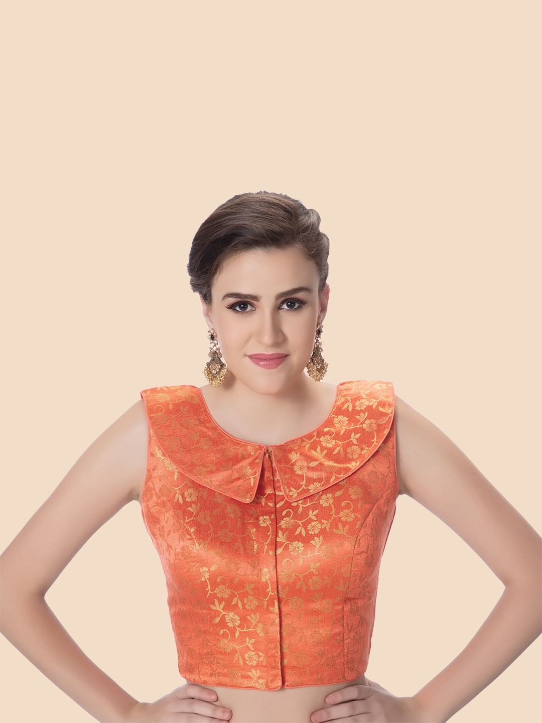 

neckbook Peach-Coloured & Gold-Coloured Woven Design Padded Readymade Saree Blouse