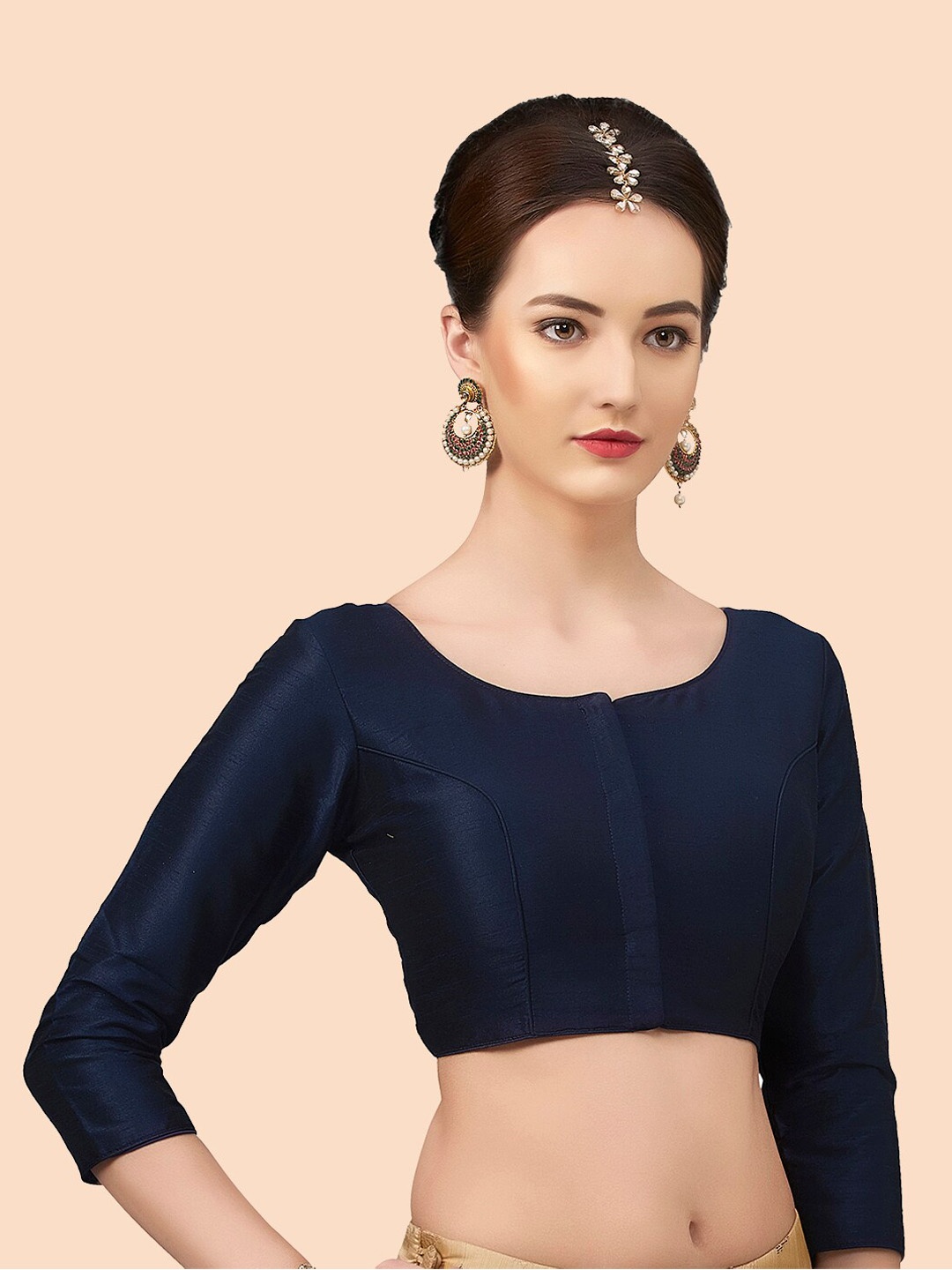 

neckbook Navy Blue Solid Raw Silk Saree Padded Princess Cut Blouse