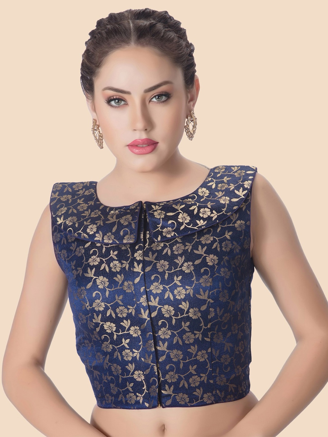 

neckbook Women Navy Blue & Gold-Coloured Woven Design Padded Readymade Saree Blouse