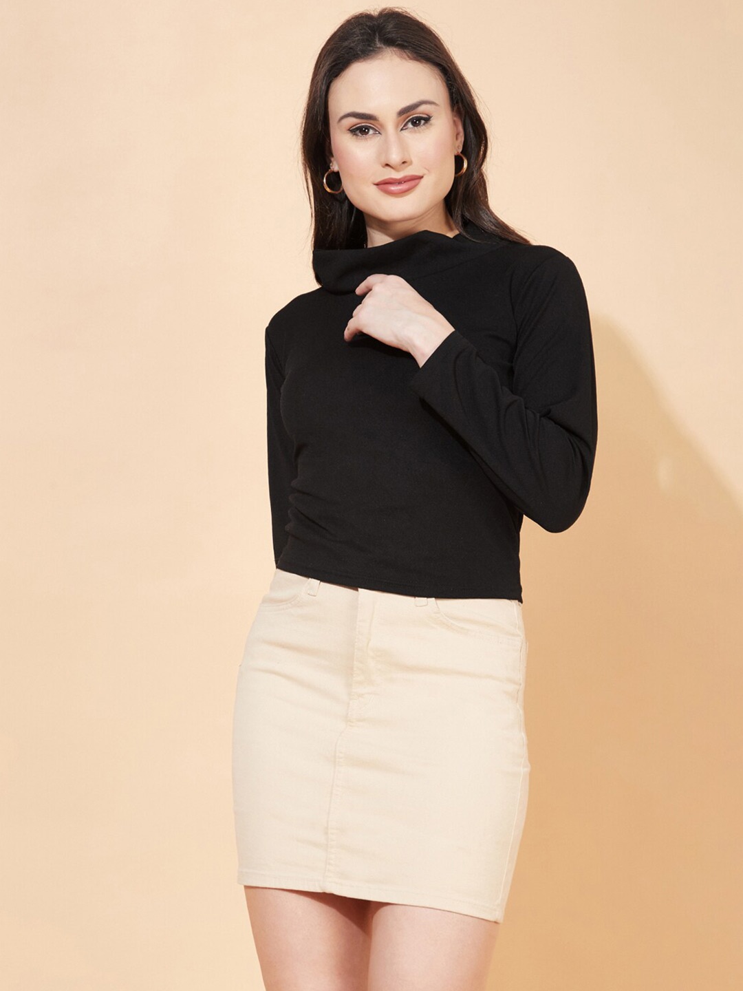 

Selvia Women Black Scuba High Neck Crop Top