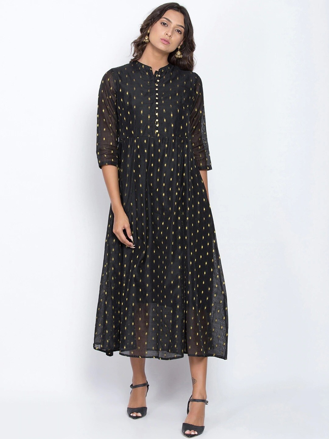 

Be Indi Black Ethnic Motifs Georgette Ethnic A-Line Midi Dress