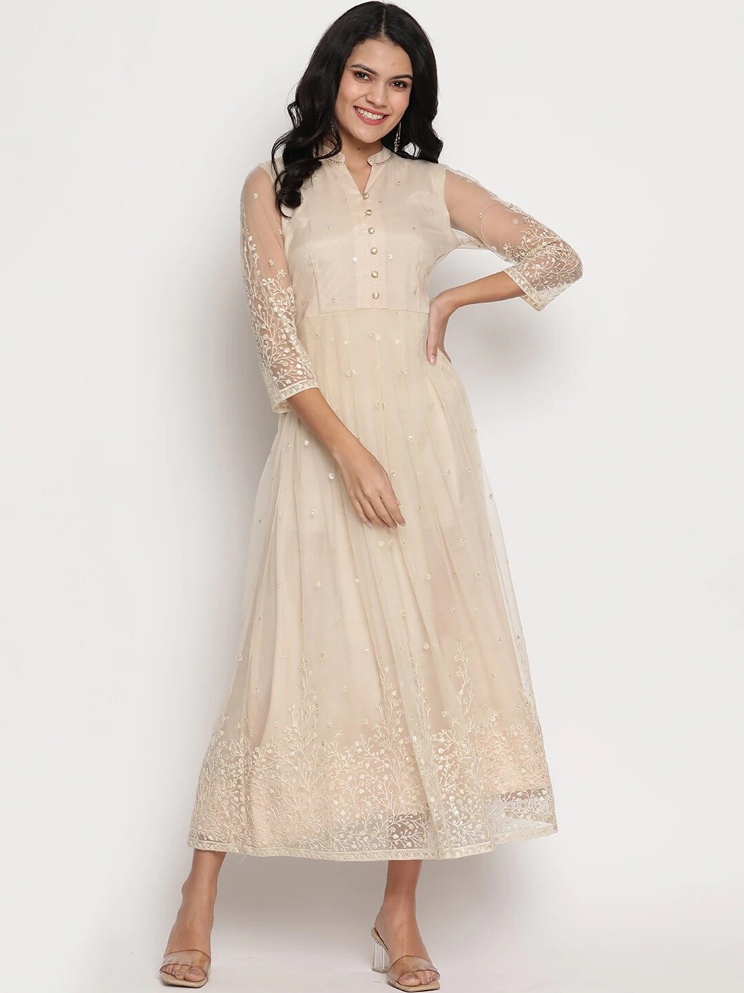

Be Indi Beige Floral Embroidered Net Ethnic Maxi Dress