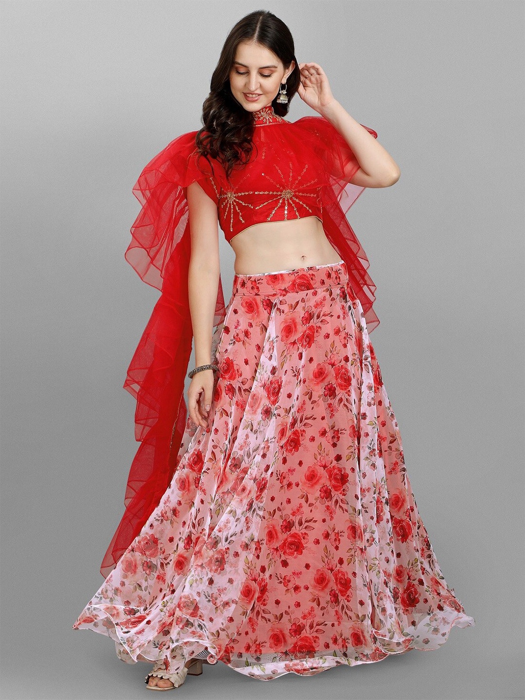 

YOYO Fashion Red & Gold-Toned Embroidered Semi-Stitched Lehenga & Unstitched Blouse With Dupatta