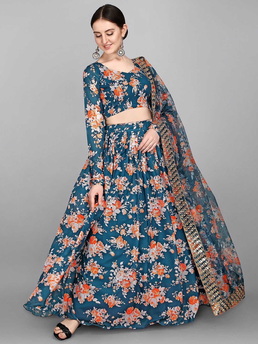 

YOYO Fashion Green & Red Printed Semi-Stitched Lehenga & Unstitched Blouse With Dupatta