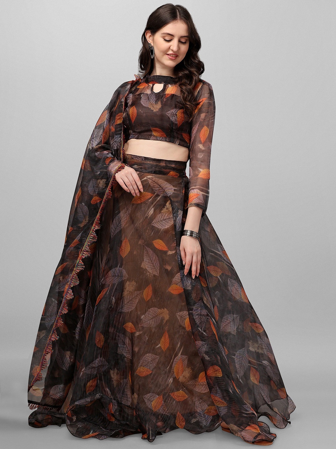

YOYO Fashion Brown Printed Semi-Stitched Lehenga & Unstitched Blouse With Dupatta