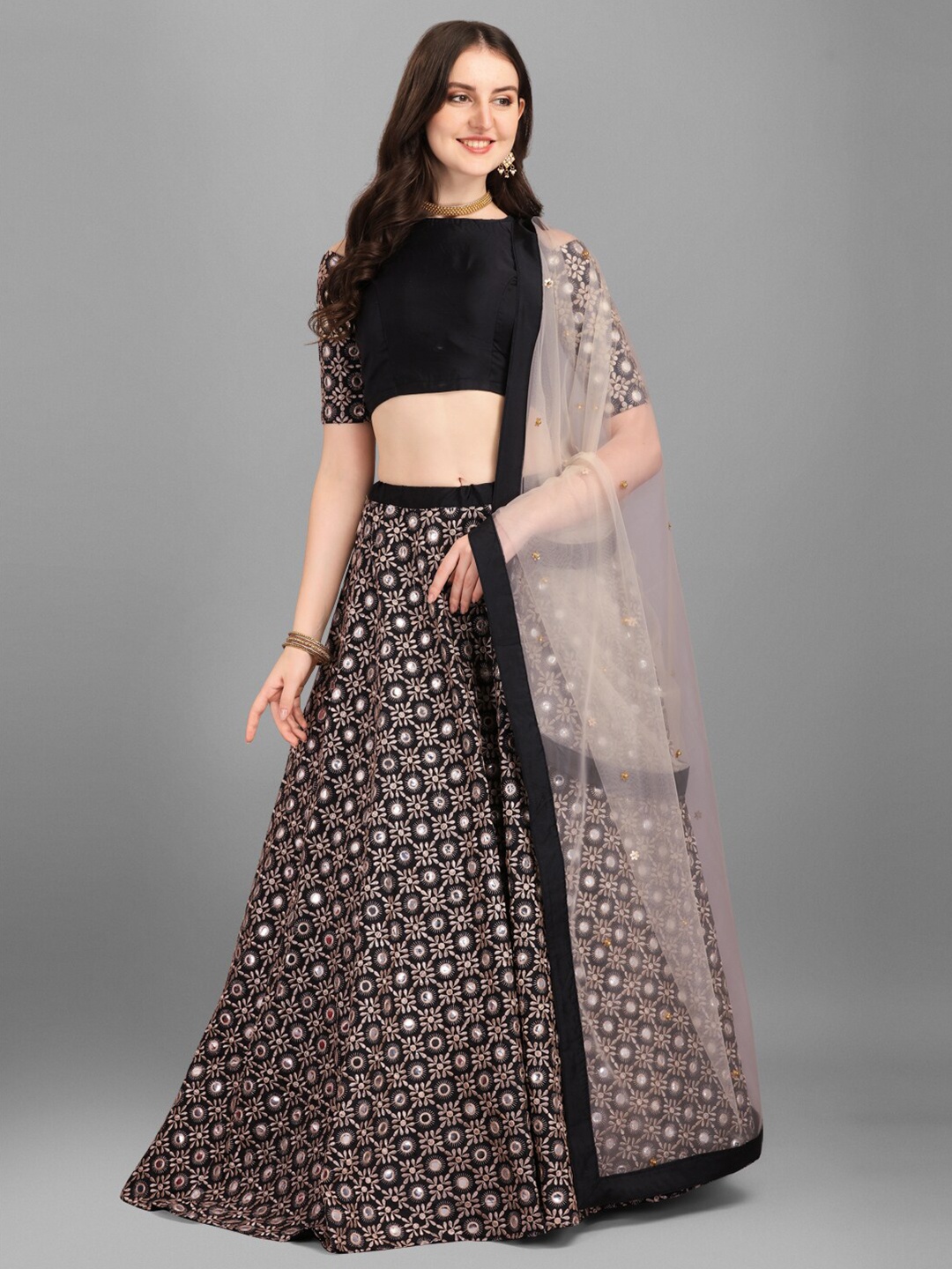 

YOYO Fashion Black & Gold-Toned Embroidered Mirror Work Semi-Stitched Lehenga & Unstitched Blouse With