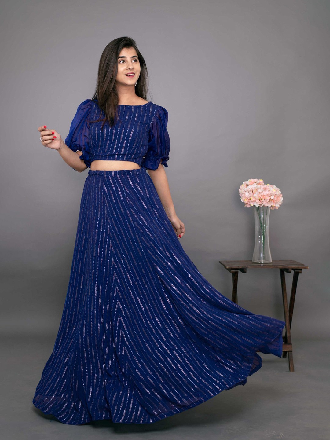 

YOYO Fashion Blue Embellished Sequinned Semi-Stitched Lehenga Blouse