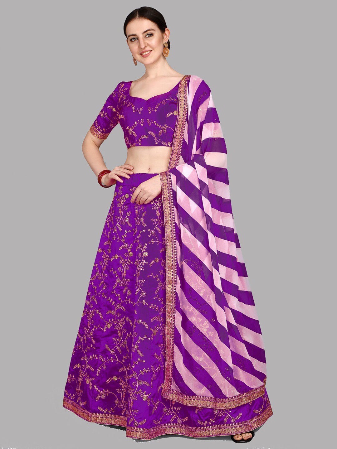 

YOYO Fashion Purple & Gold-Toned Embroidered Semi-Stitched Lehenga & Unstitched Blouse With Dupatta