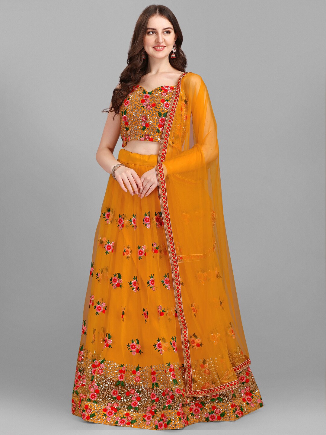 

YOYO Fashion Yellow & Red Embroidered Semi-Stitched Lehenga & Unstitched Blouse With Dupatta