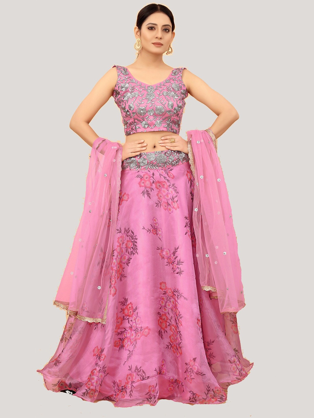 

YOYO Fashion Pink & Silver-Toned Printed Semi-Stitched Lehenga & Unstitched Blouse With Dupatta