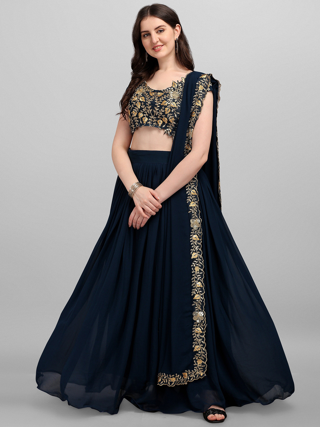 

YOYO Fashion Navy Blue & Gold-Toned Embroidered Patchwork Semi-Stitched Lehenga & Unstitched Blouse With