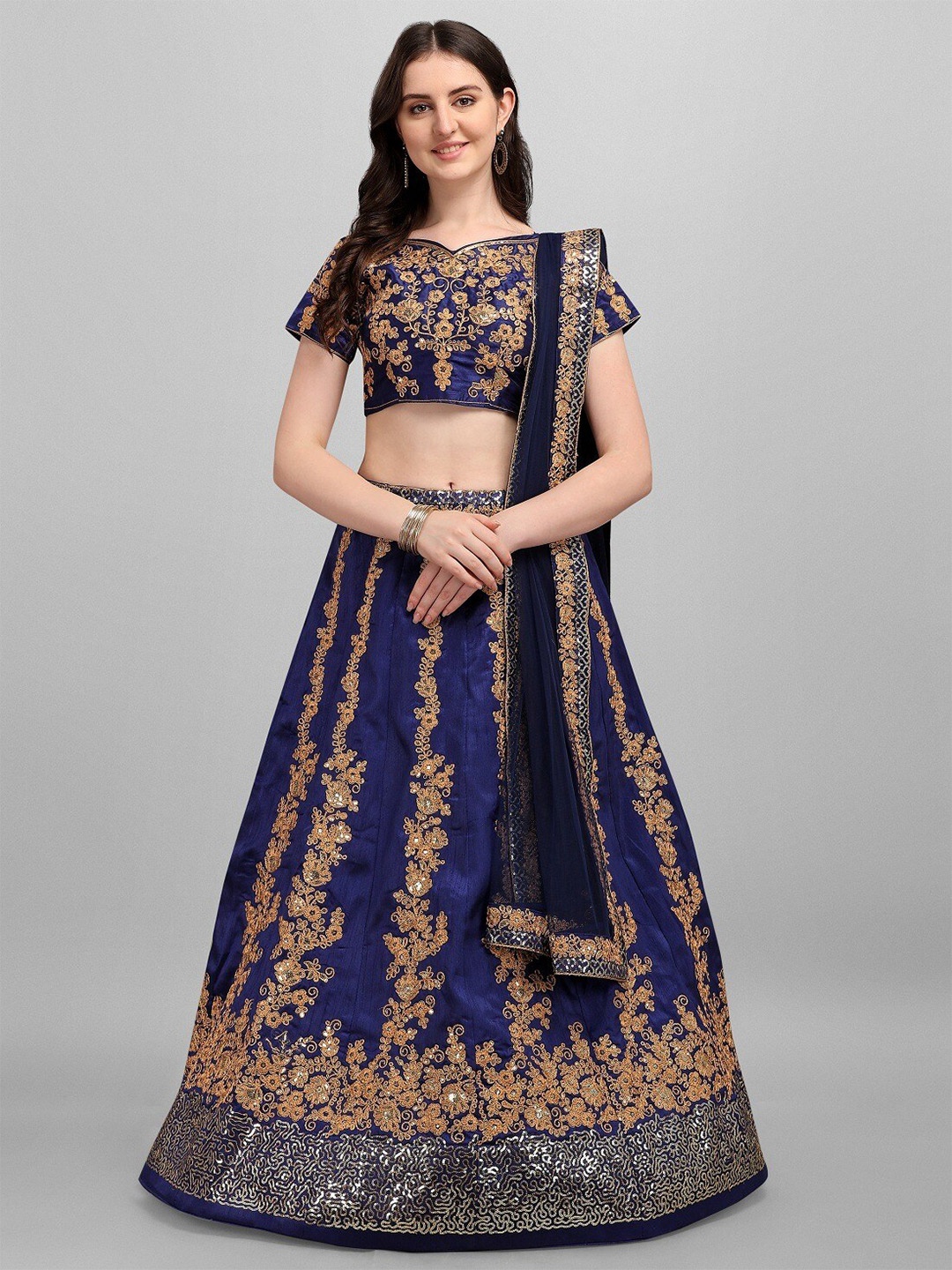 

YOYO Fashion Blue & Gold-Toned Embroidered Semi-Stitched Lehenga & Unstitched Blouse With Dupatta