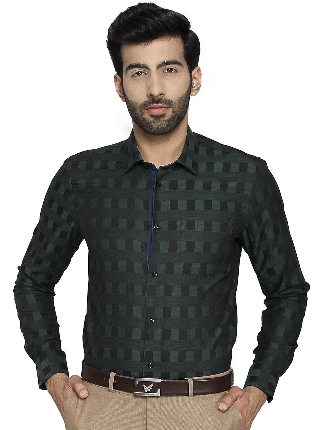 

Blackberrys Men Olive Green Slim Fit Checked Casual Shirt