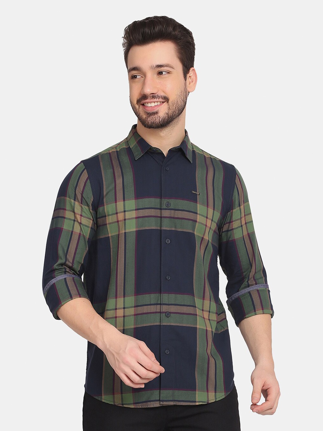 

Blackberrys Men Navy Blue And Green Tartan Check Slim Fit Cotton Casual Shirt
