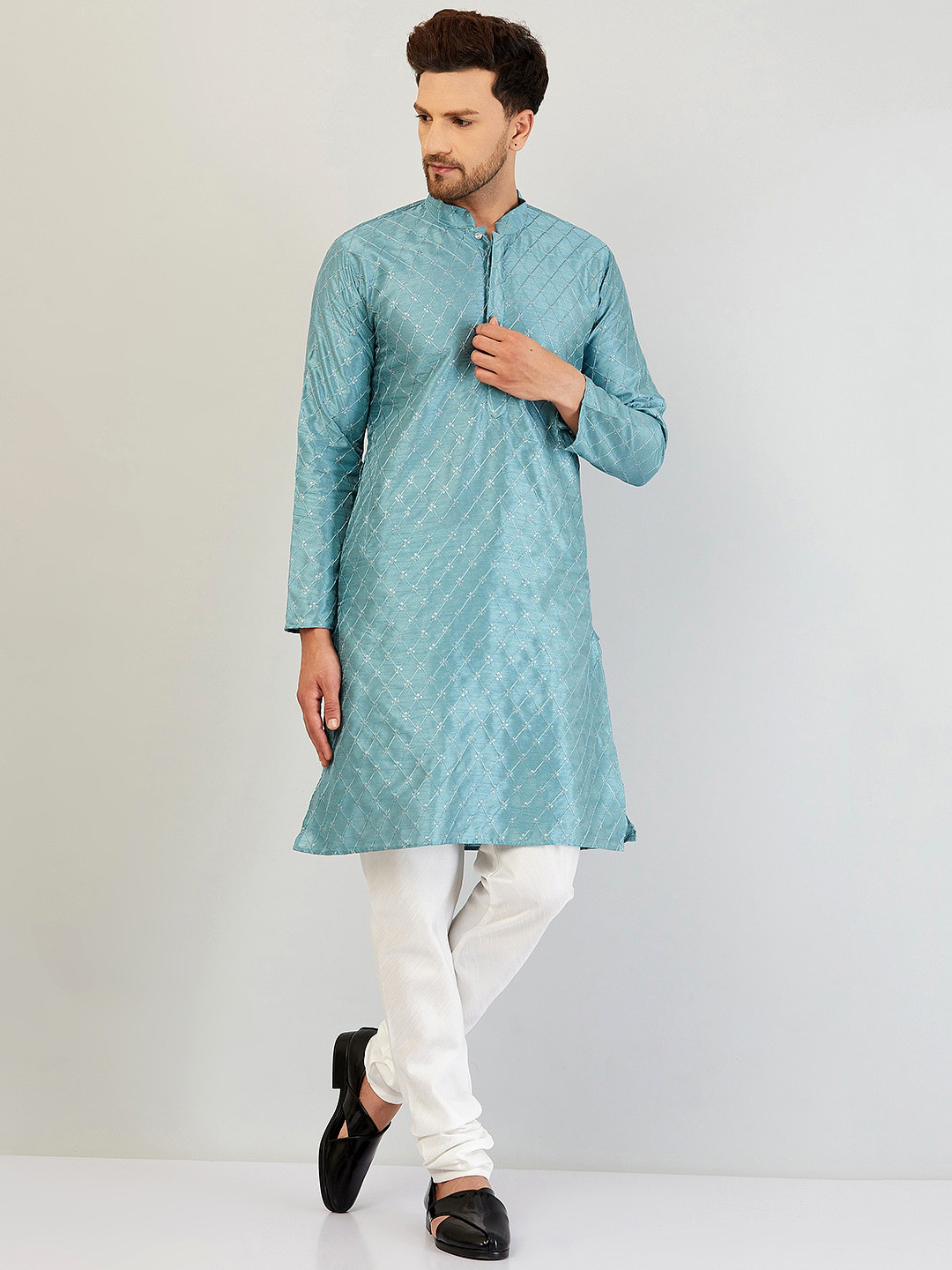 

Armaan Ethnic Men Embroidered Sequinned Dupion Silk Kurta with Churidar, Blue