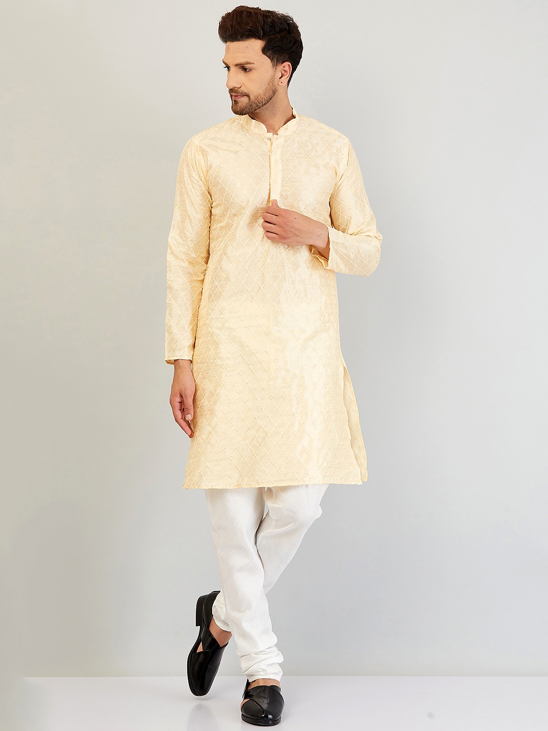 

Armaan Ethnic Men Cream-Coloured Embellished Dupion Silk Kurta with Pyjamas