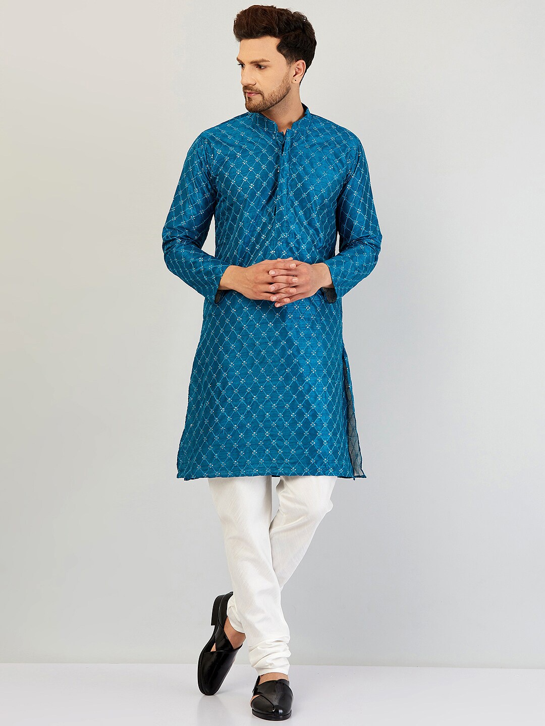 

Armaan Ethnic Men Floral Embroidered Dupion Silk Kurta with Churidar, Blue