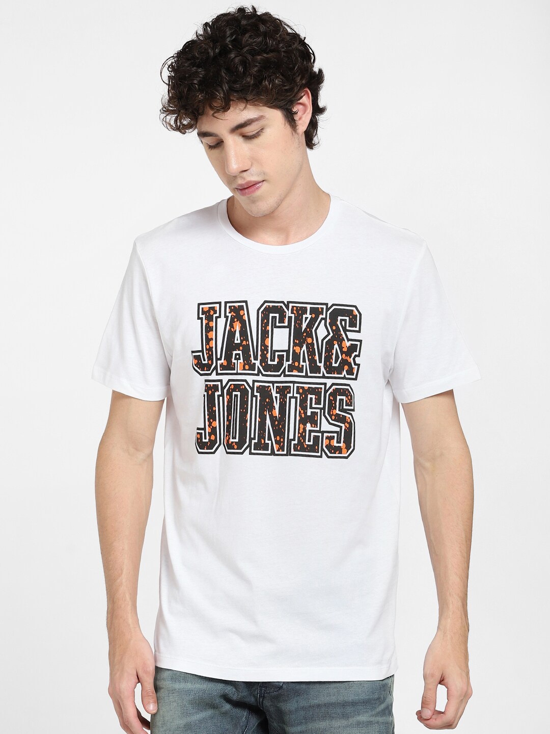 

Jack & Jones Men White Brand Logo Printed Slim Fit T-shirt