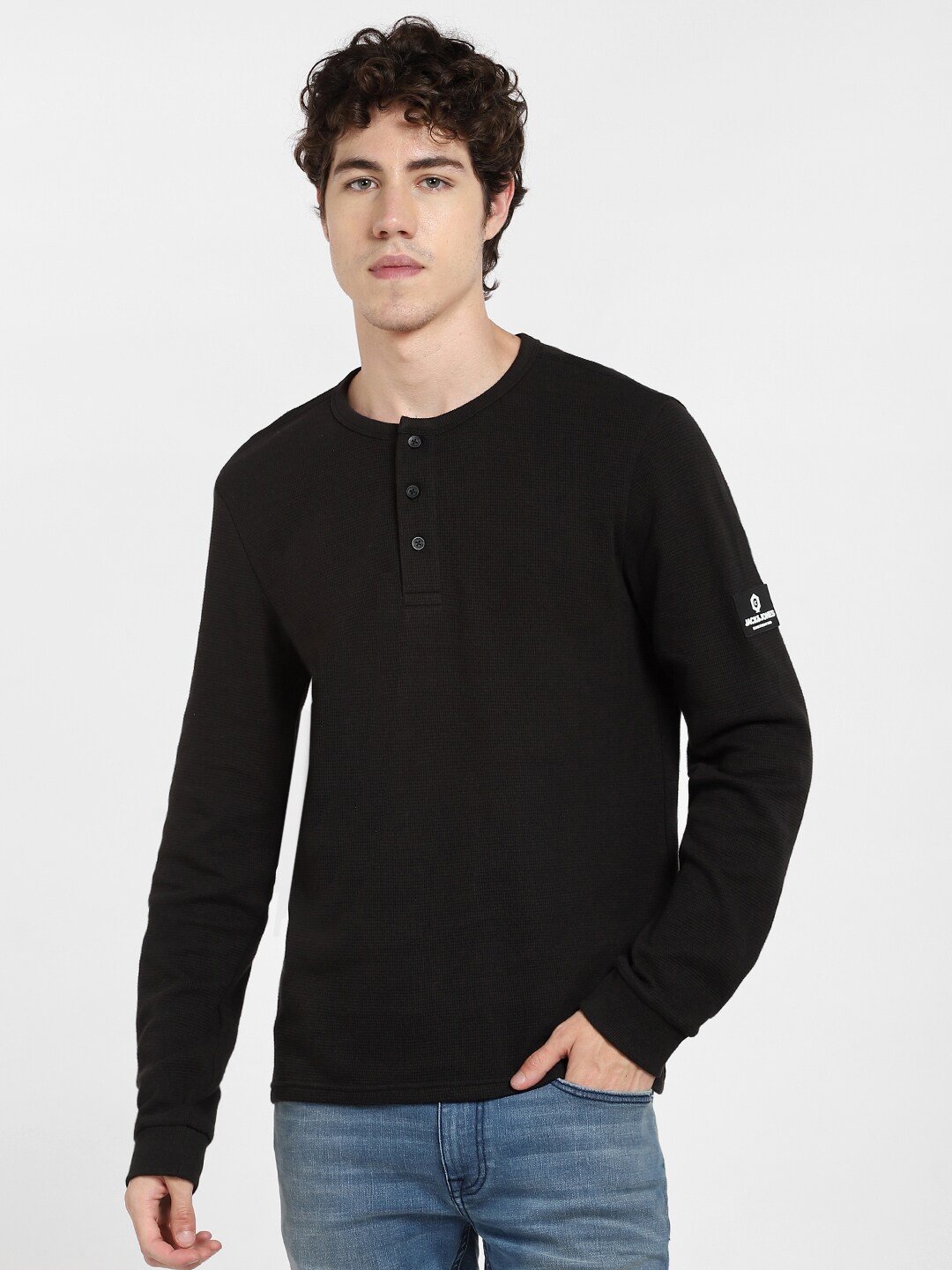 

Jack & Jones Men Black Cotton Henley Neck Slim Fit T-shirt