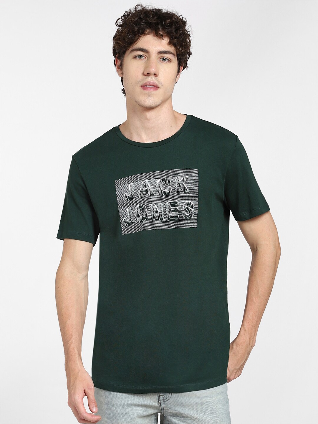 

Jack & Jones Men Green & White Cotton Printed Slim Fit T-shirt