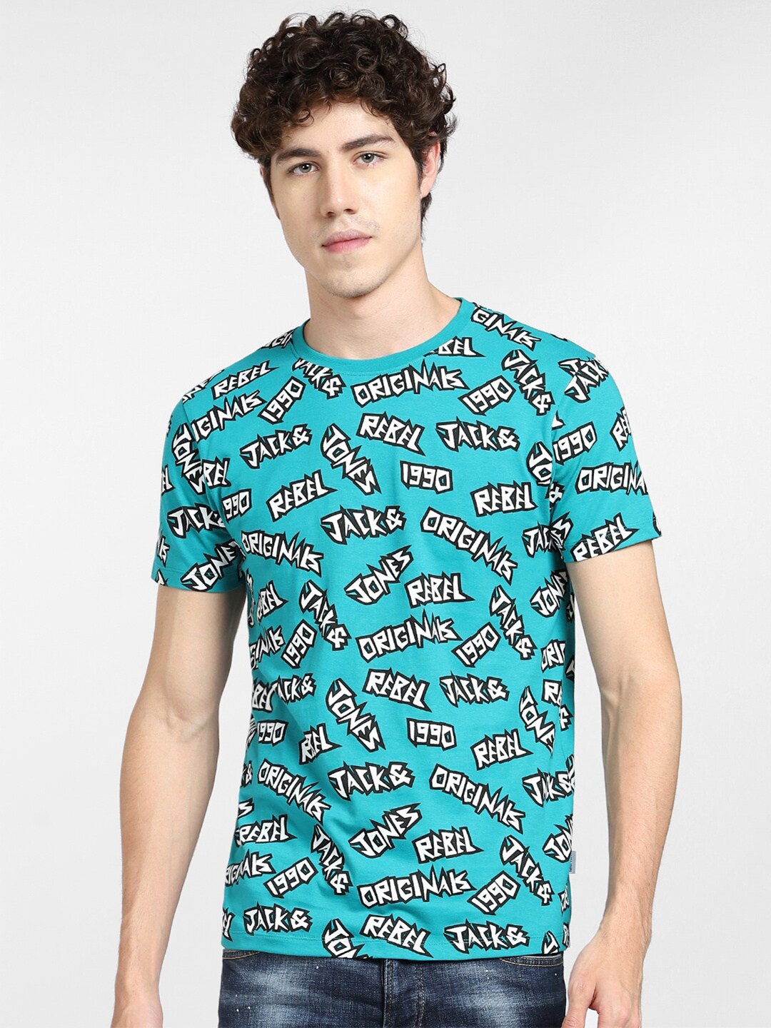 

Jack & Jones Men Blue & White Cotton Printed Slim Fit T-shirt