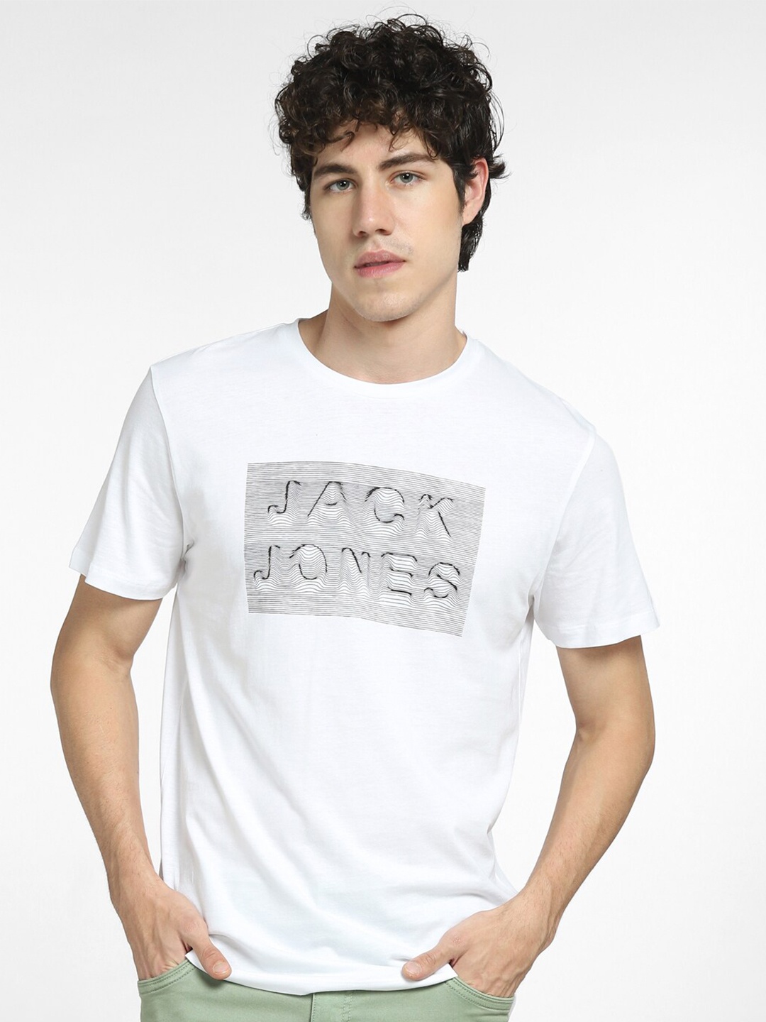 

Jack & Jones Men White & Grey Cotton Printed Slim Fit T-Shirt