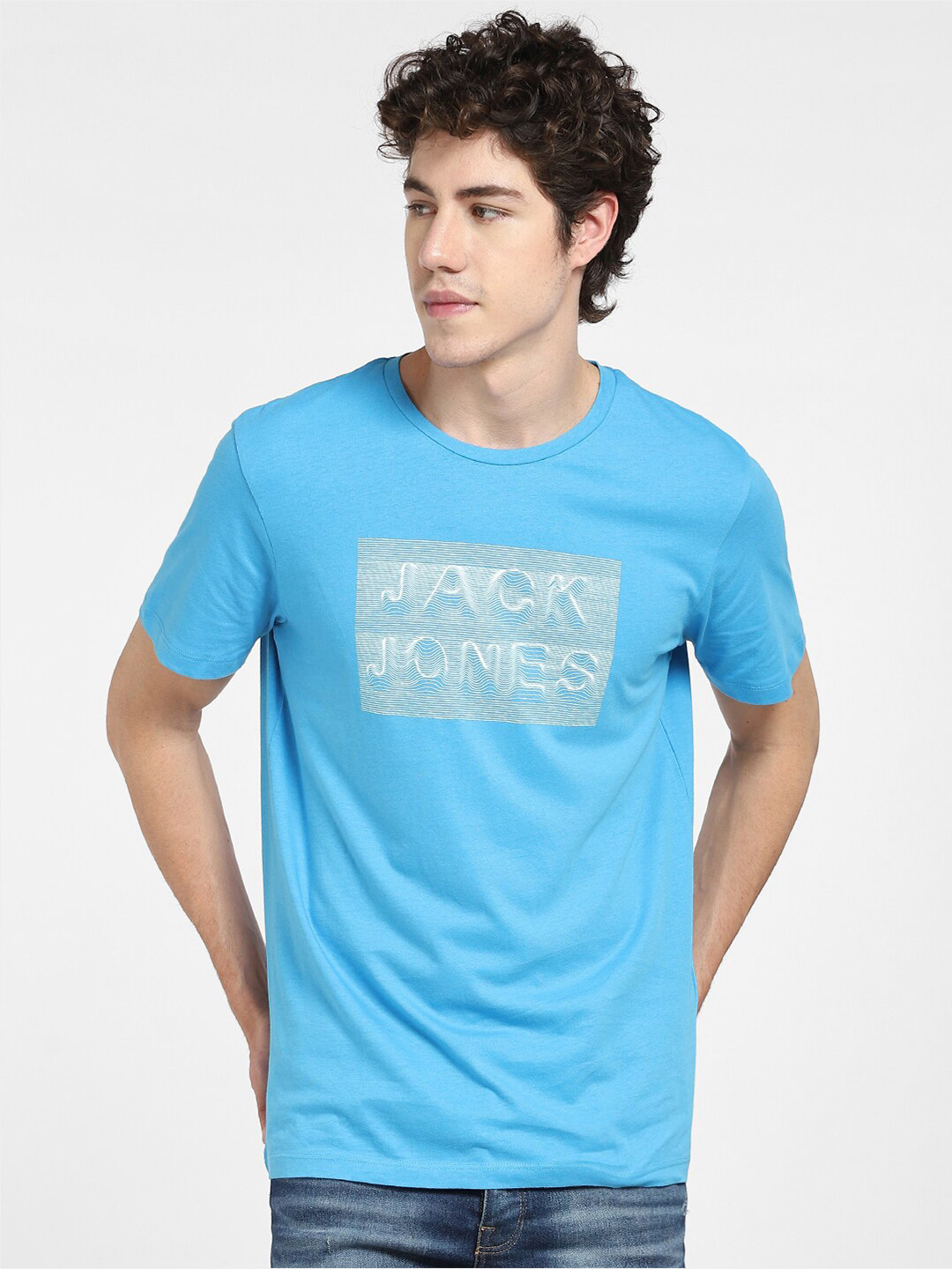 

Jack & Jones Men Blue & Grey Cotton Printed Slim Fit T-shirt