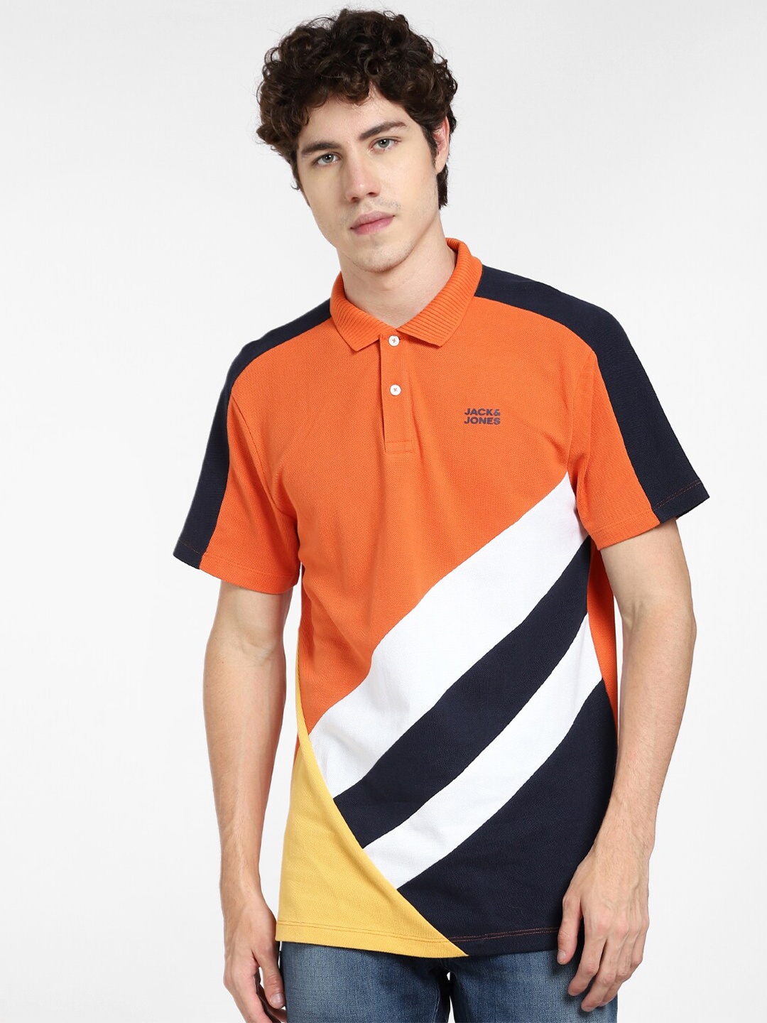 

Jack & Jones Men Orange & Black Cotton Colourblocked Polo Collar T-shirt