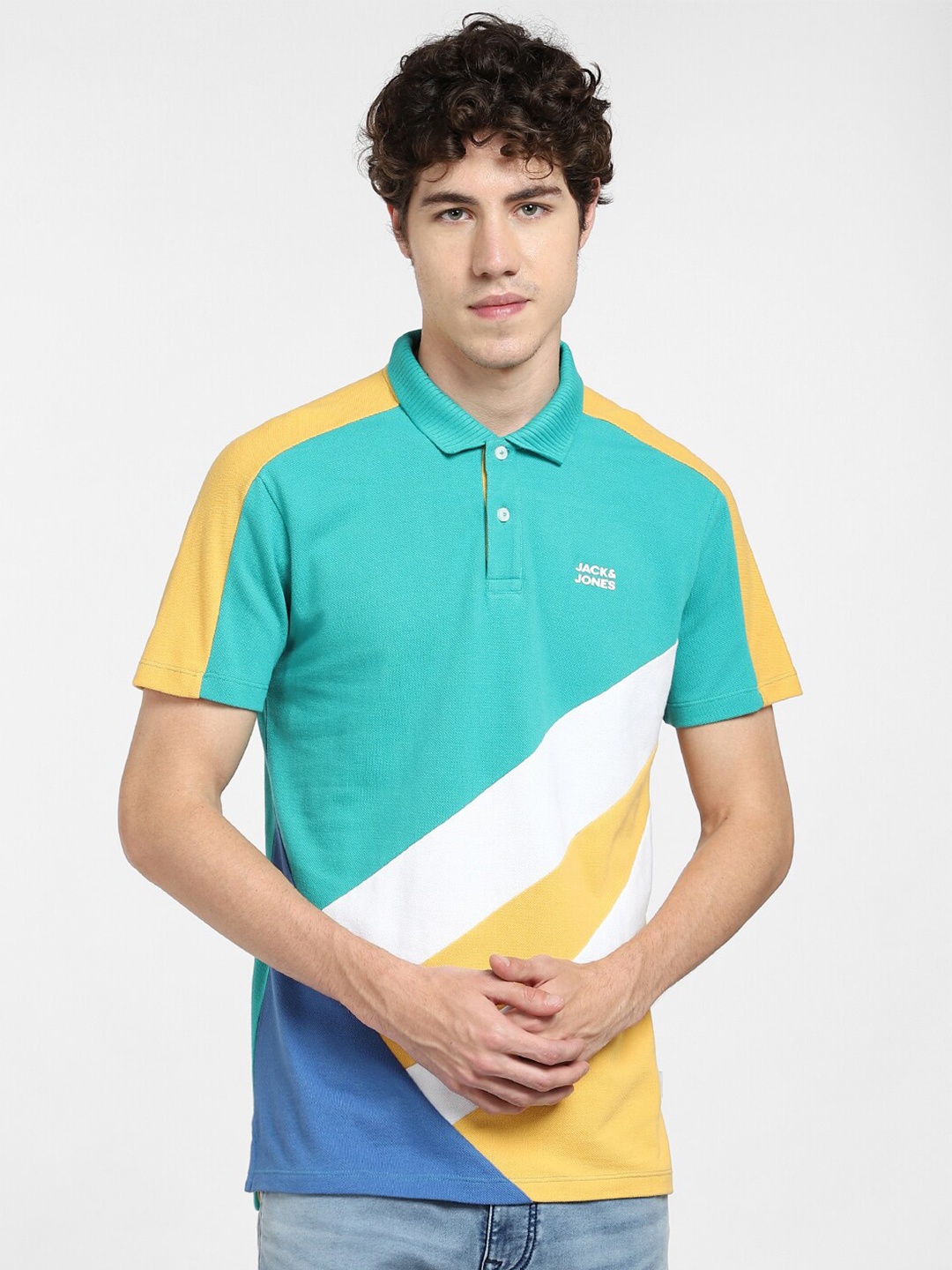 

Jack & Jones Men Blue & Yellow Cotton Colourblocked Polo Collar T-shirt