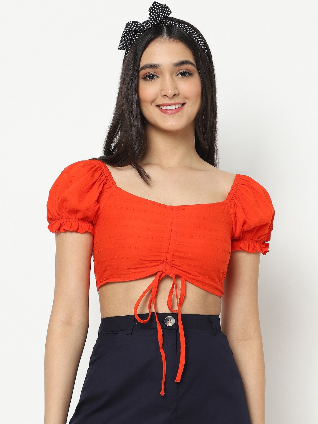 

VASTRADO Women Orange Solid Dobby Crop Top