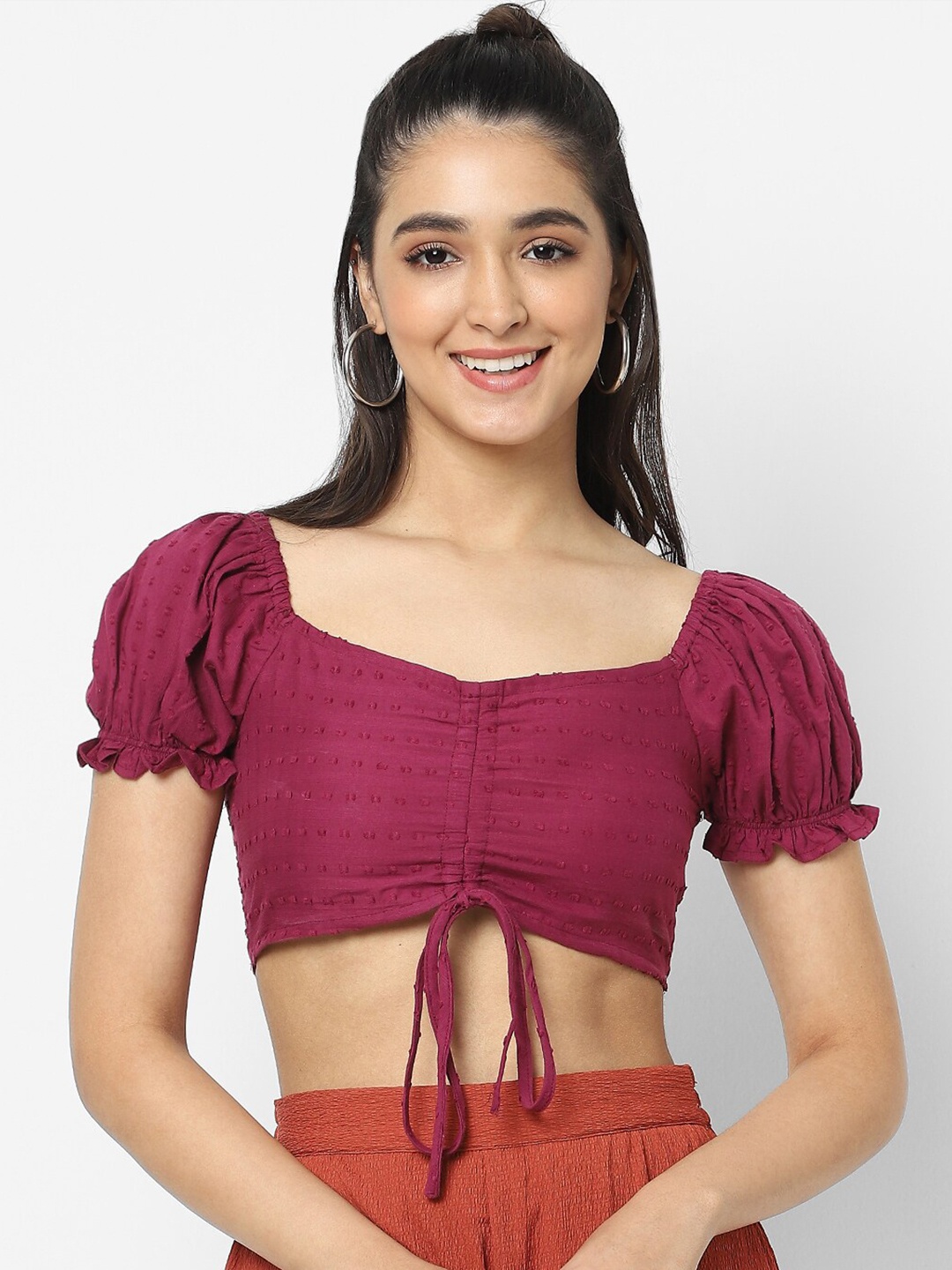 

VASTRADO Women Magenta Sweetheart Neck Fitted Ruched Crop Top